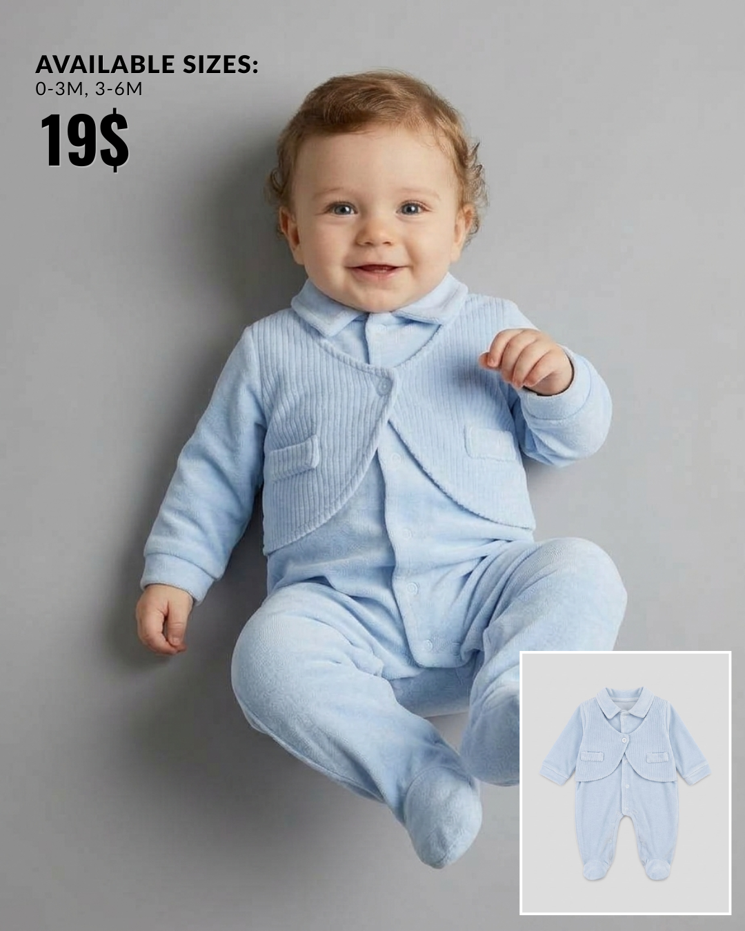The Bellamy Collared Plush Footed Romper Set – Light Blue
