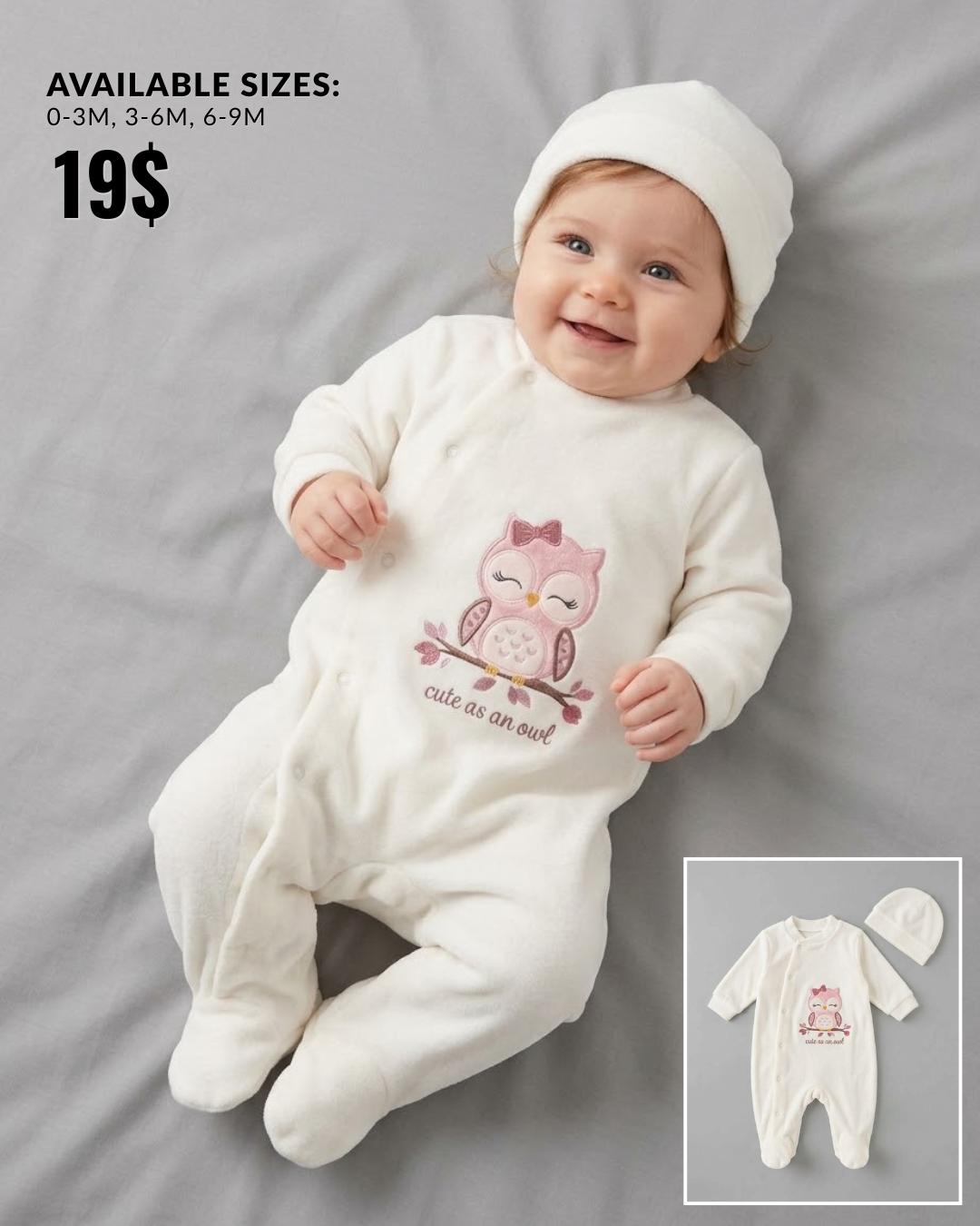 The Flora Cream Owl Embroidered Plush Footed Romper & Beanie Set