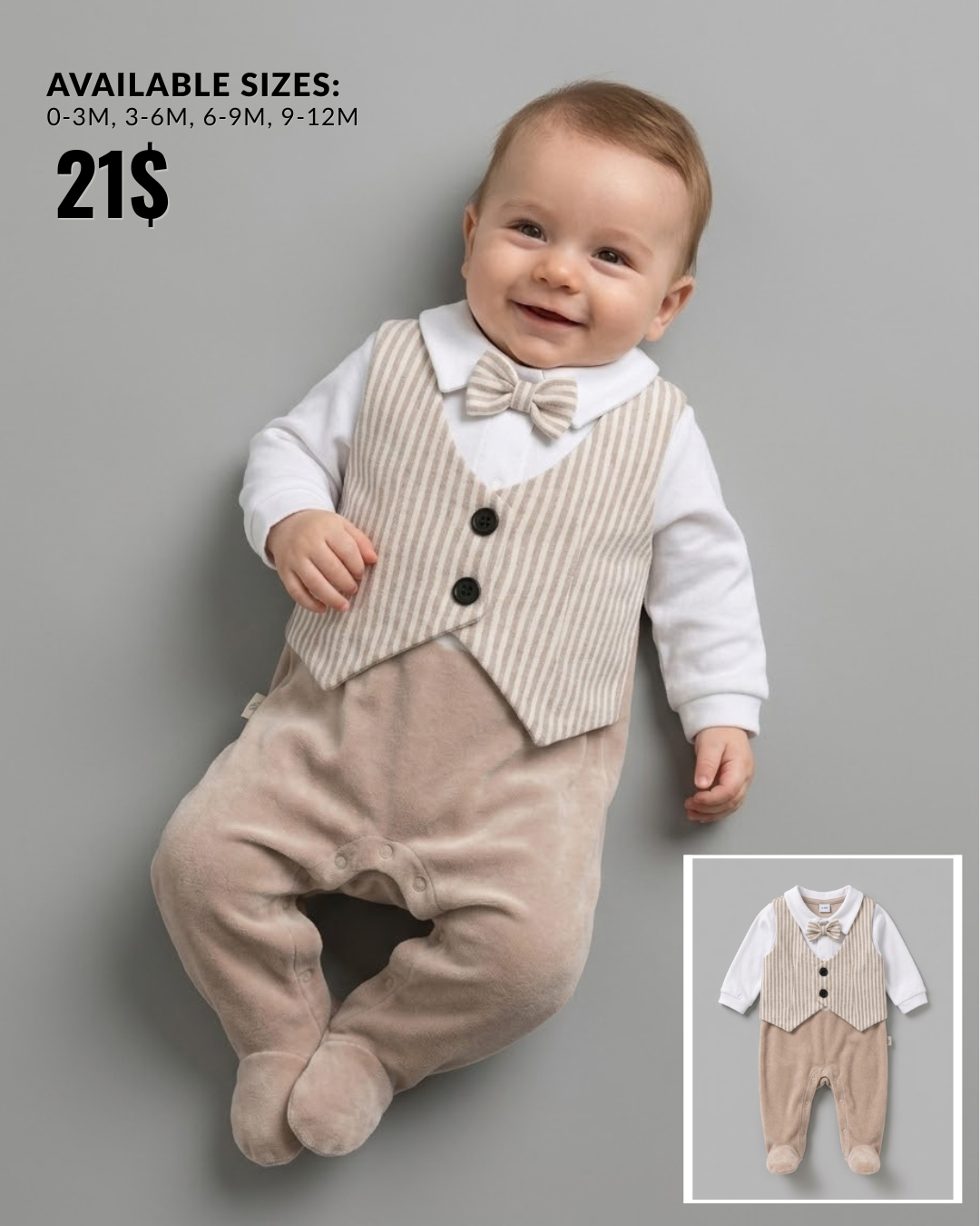 Beige Striped Waistcoat & Bow Tie Footed Baby Onesie