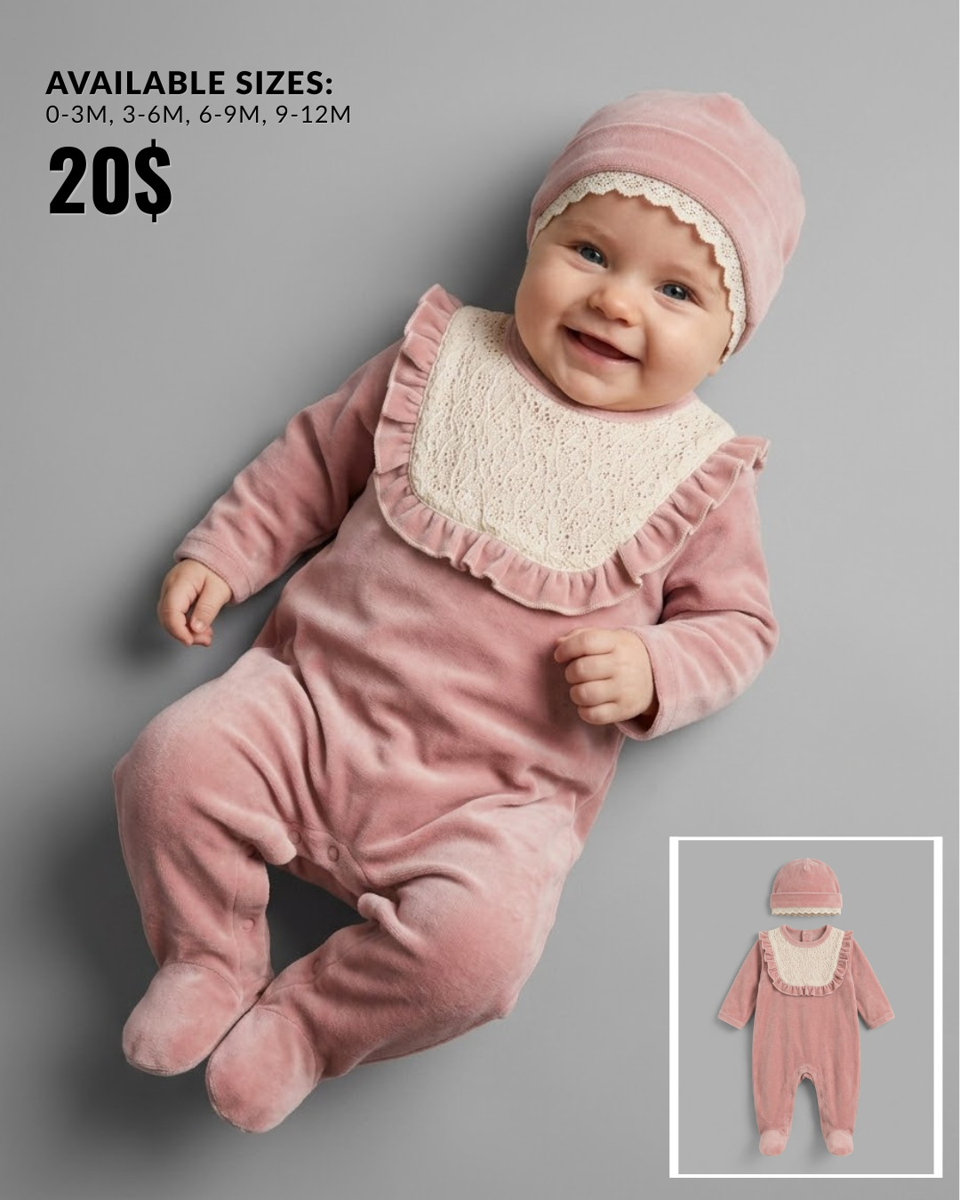 Dusty Rose Lace Ruffle Footed Baby Onesie & Hat Set