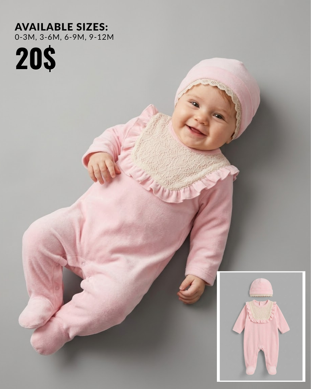Pink Lace Ruffle Footed Baby Onesie & Hat Set