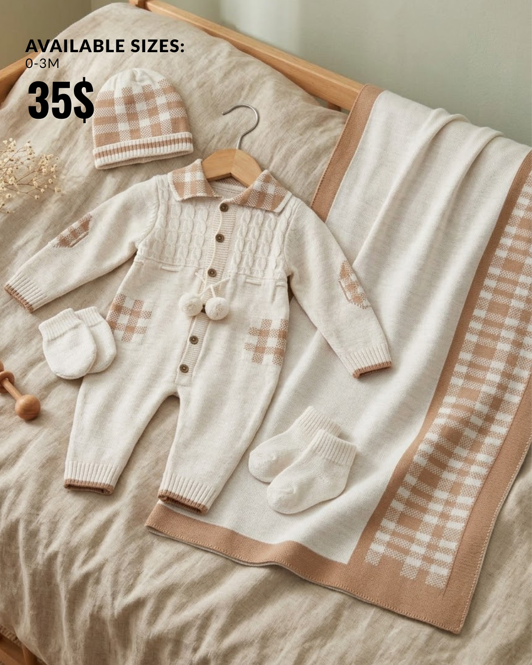 Ivory & Beige Check 5-Piece Newborn Knit Romper & Blanket Set