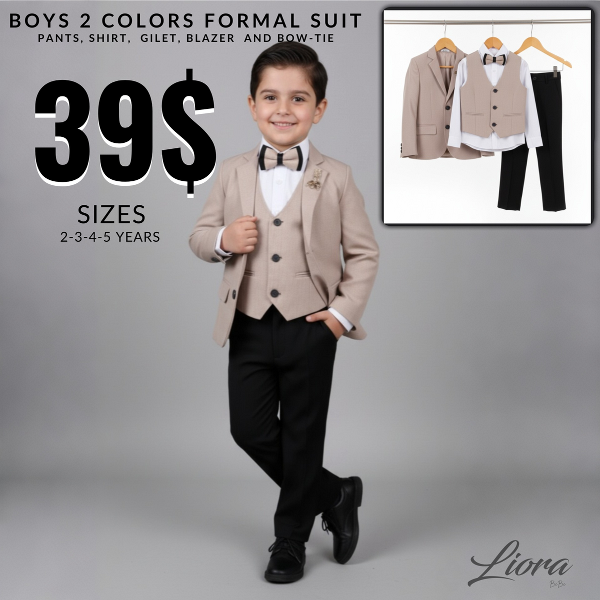 Black & Beige Boys Formal Suit – 5-Piece Set with Blazer, Gilet, Shirt, Pants & Bow Tie
