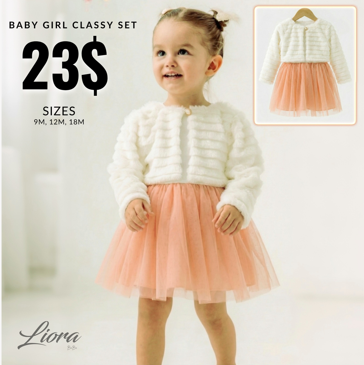White Faux Fur & Peach Tulle Baby Dress – Long Sleeve Special Occasion Outfit