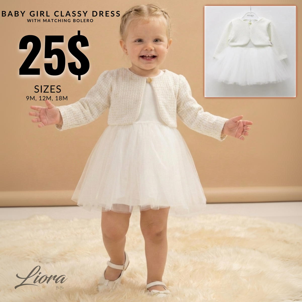 White Baby Girl Dress – Textured Cardigan Top with Layered Tulle Skirt for Special Occasions