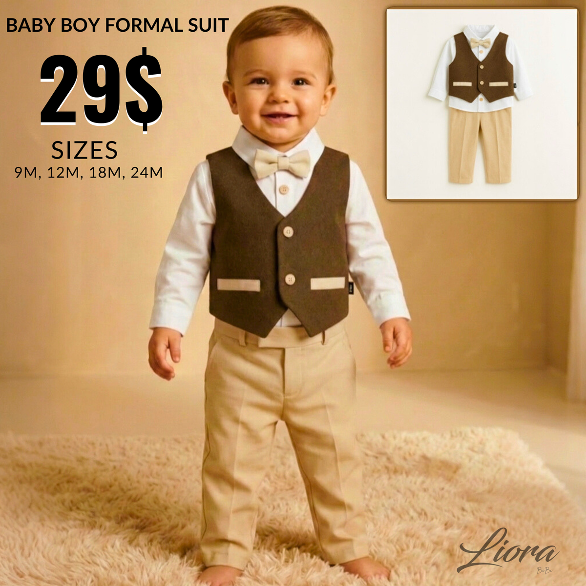 Brown & Beige Toddler Formal Outfit – 4-Piece Set