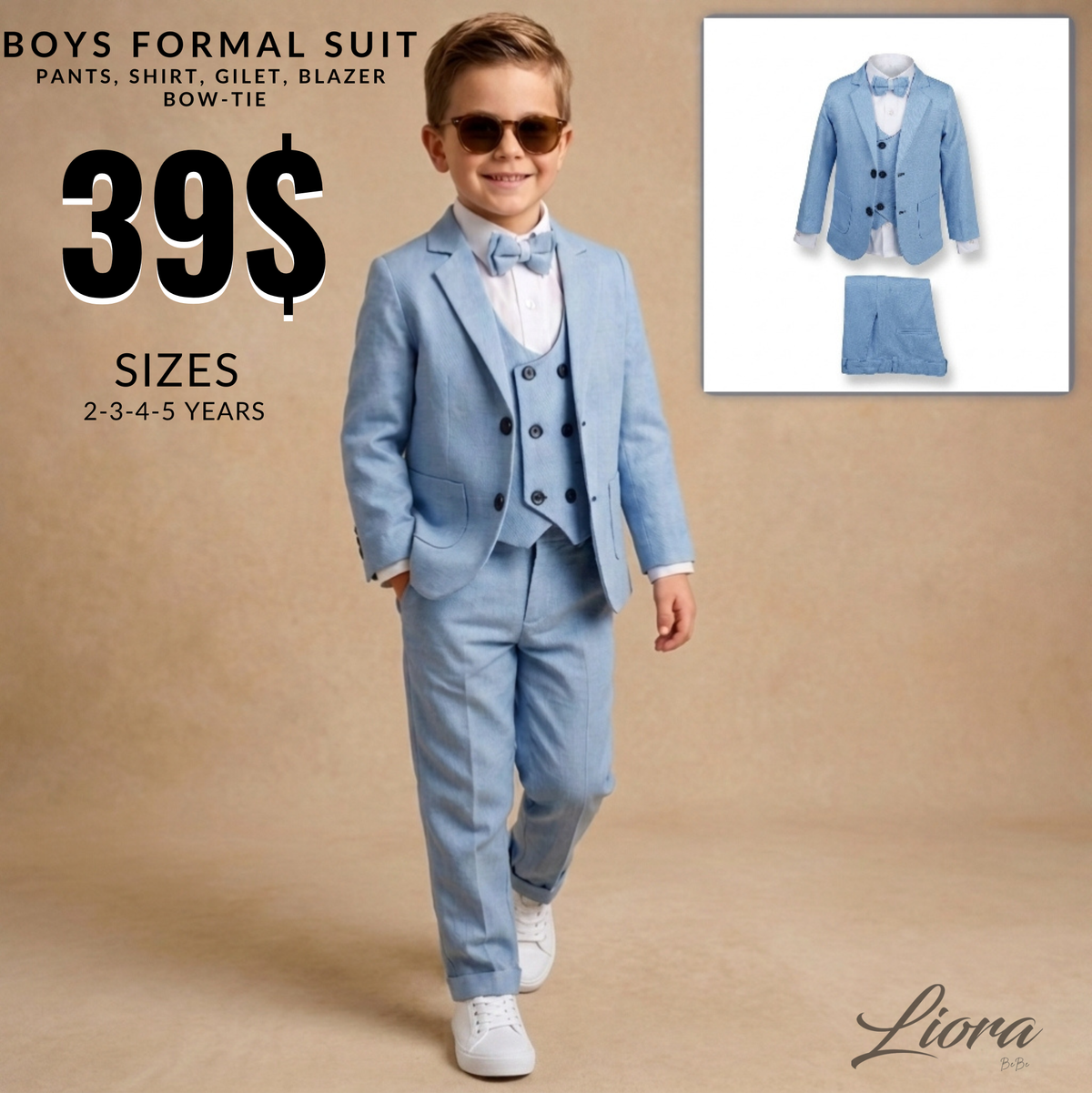 Light Blue Baby Formal Suit – Blazer, Vest & Bow Tie