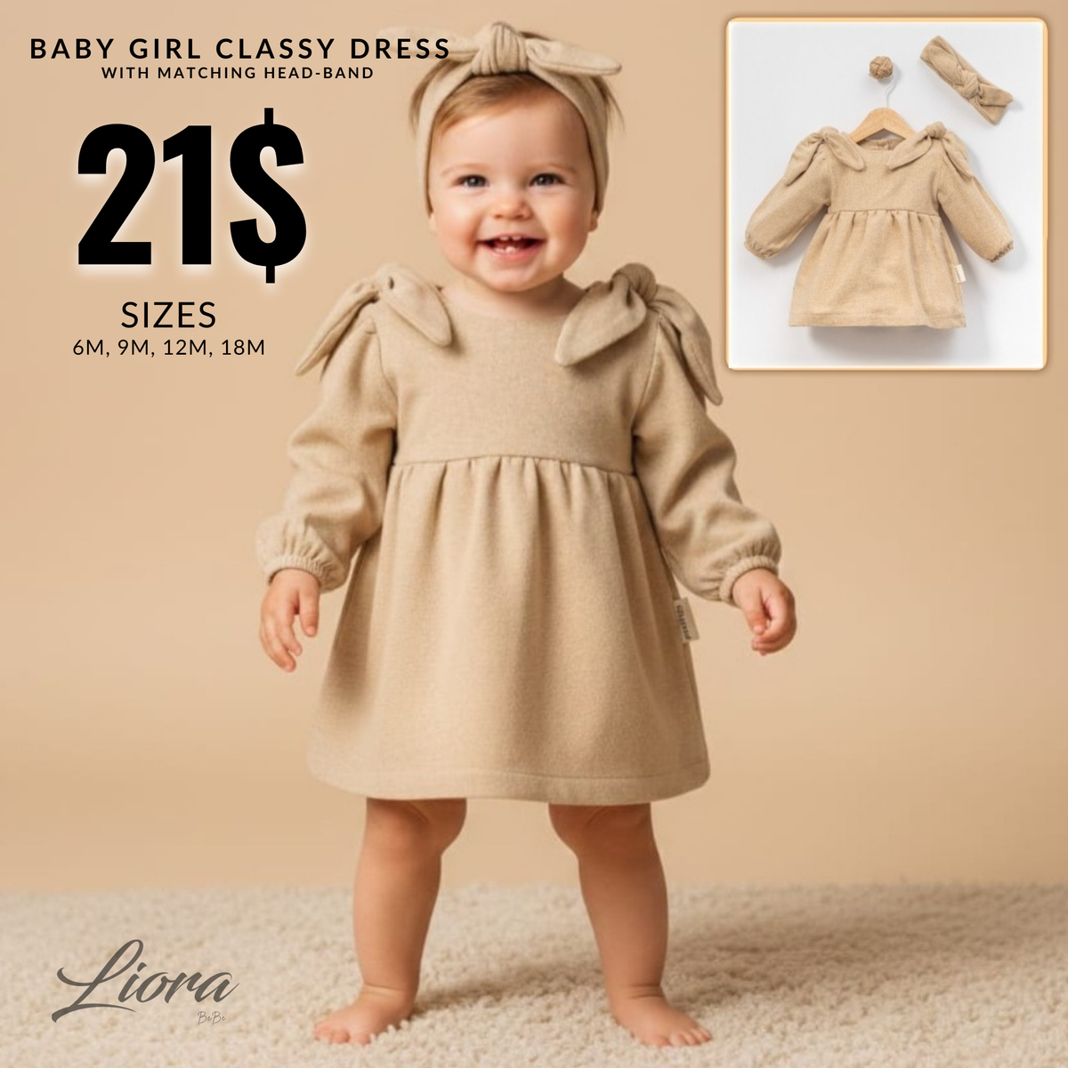 Beige Baby Girl Dress Set – Textured Long-Sleeve Dress with Shoulder Bows & Matching Headband