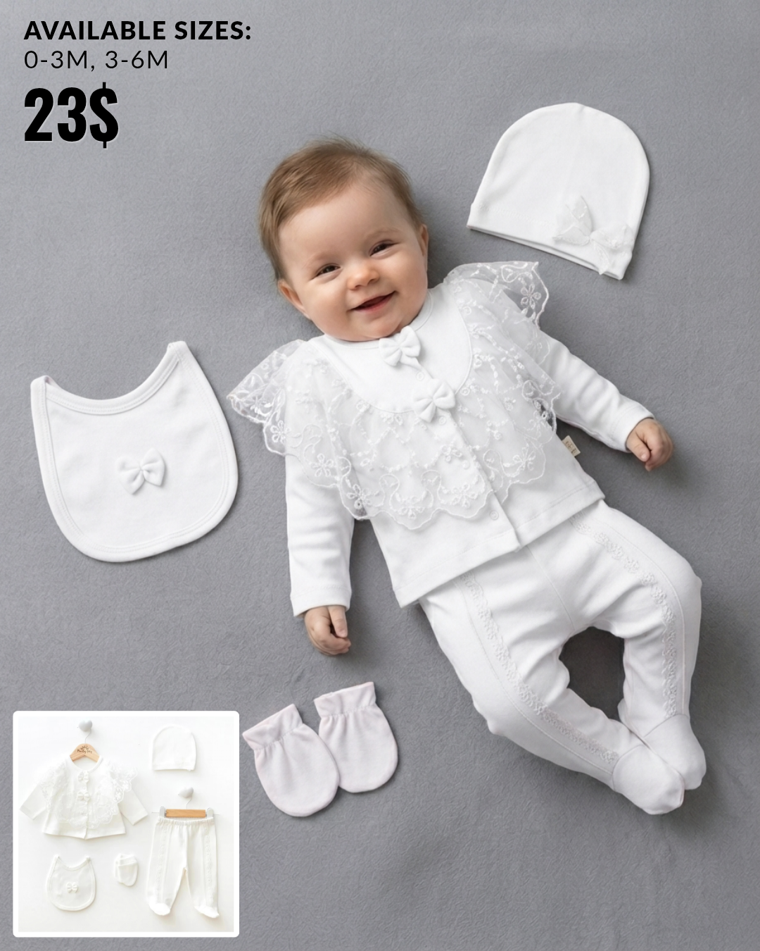 The Rosalind 5-Piece Lace-Trimmed Cardigan & Pants Gift Set – Pure White