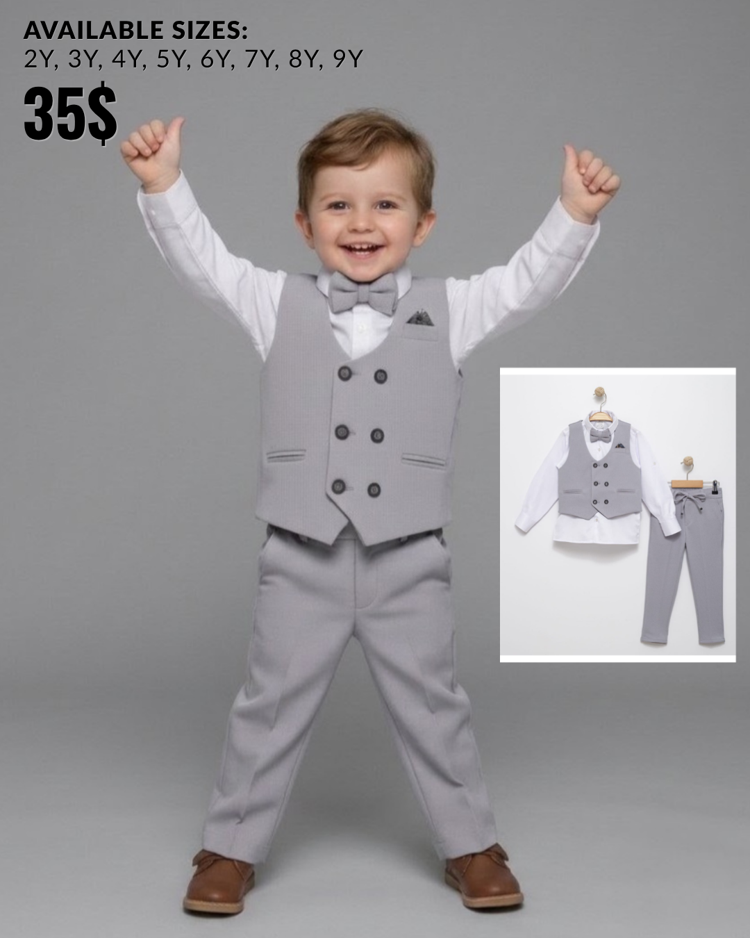 Gray Boys Formal Suit – 4-Piece Set with Gilet, Shirt, Pants & Bow Tie