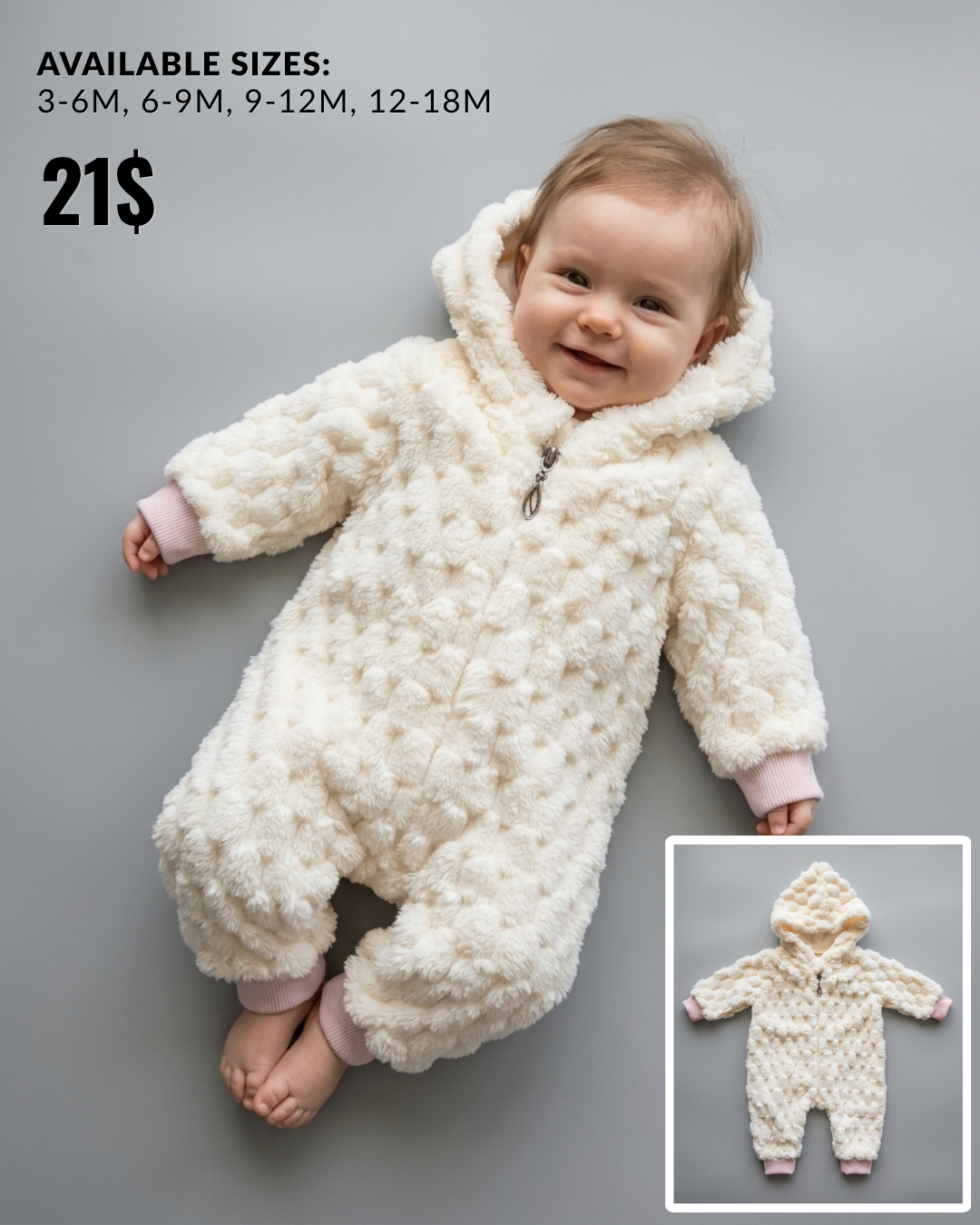 The Evander Plush Textured Hooded Footed Romper – Off-White Cream