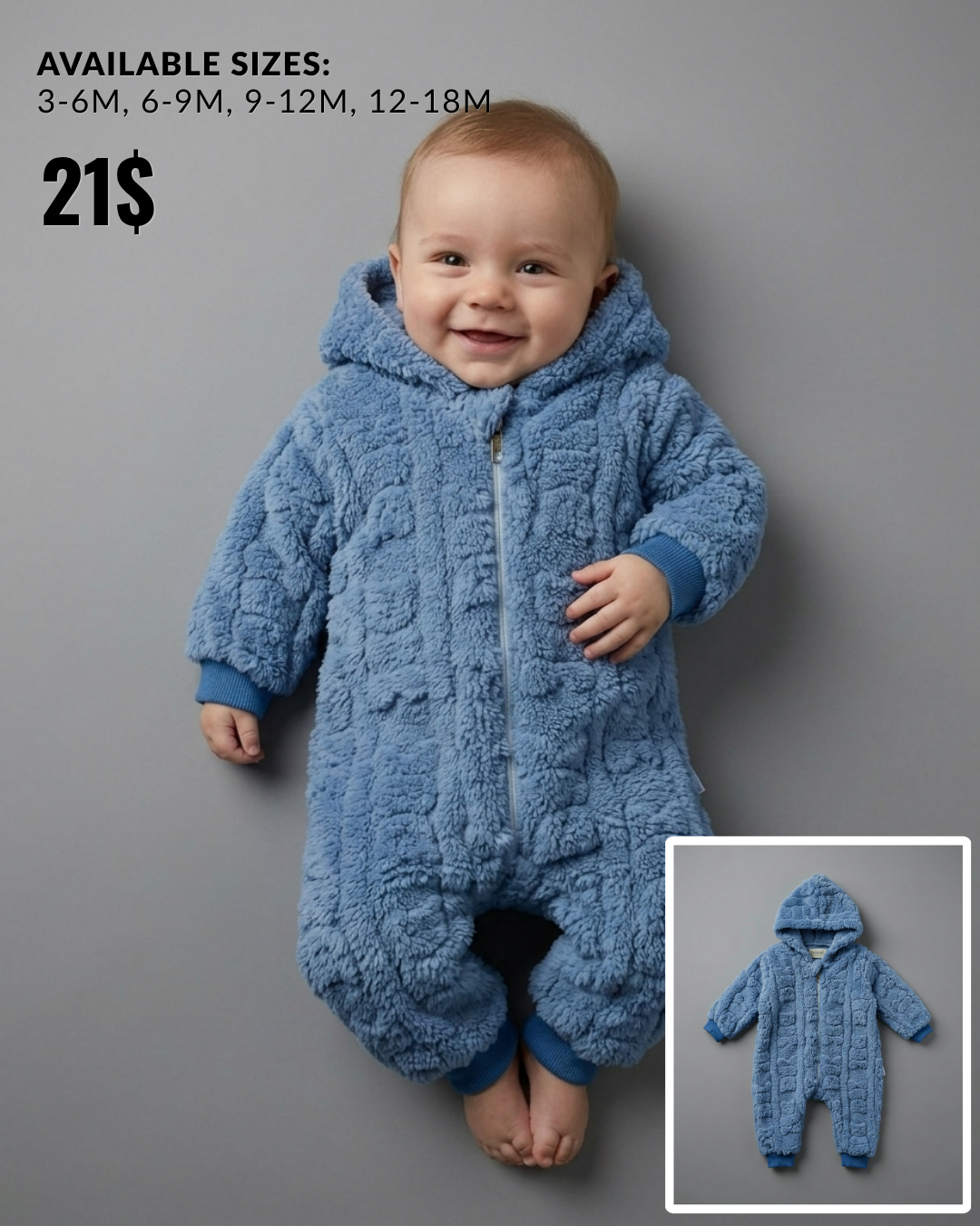 The Caspian Plush Textured Hooded Footed Romper – Light Blue