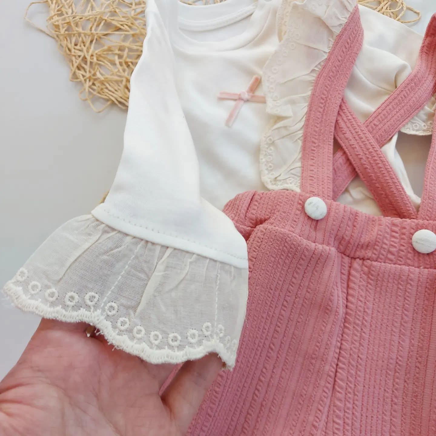 White & Pink Baby Girl Outfit – Lace Ruffle Top with Textured Suspender Pants