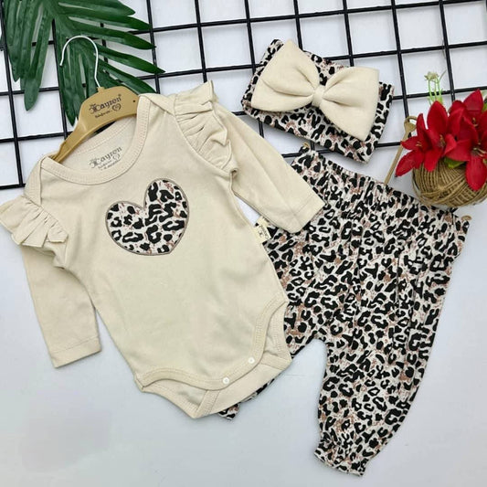 Beige & Leopard Print Baby Girl Outfit – Ruffle Onesie, Bow Pants & Matching Headband Set