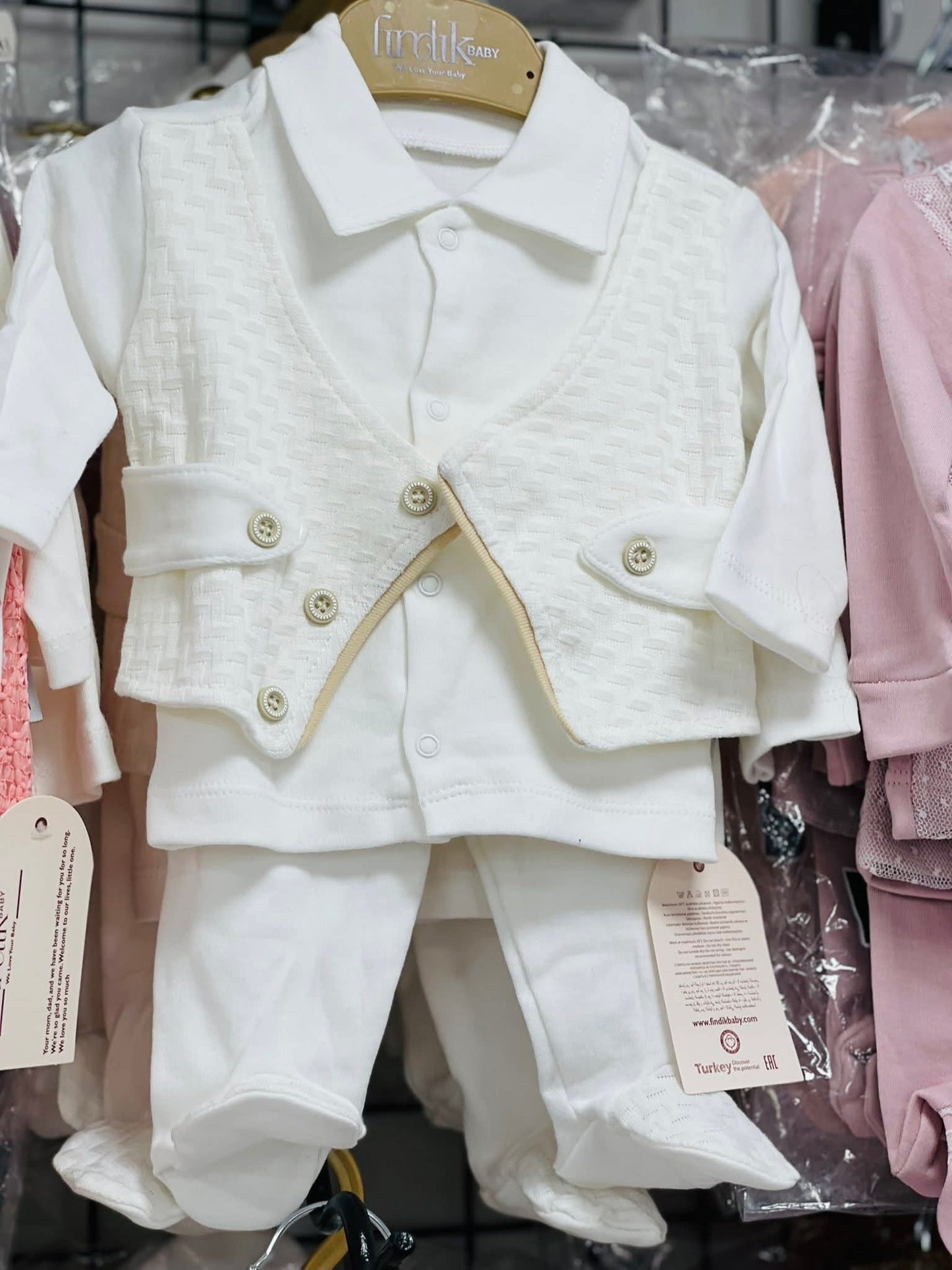 White Formal Baby One-Piece – Textured Vest Design with Footed Pants & Decorative Buttons