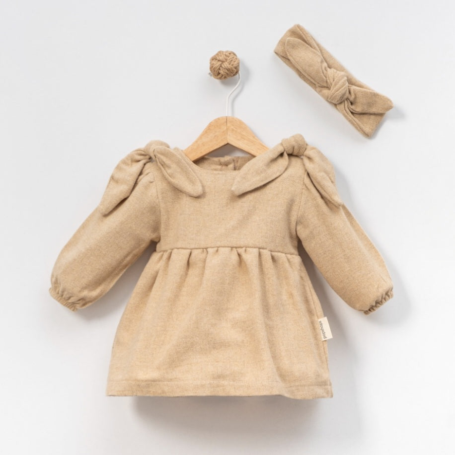 Beige Baby Girl Dress Set – Textured Long-Sleeve Dress with Shoulder Bows & Matching Headband