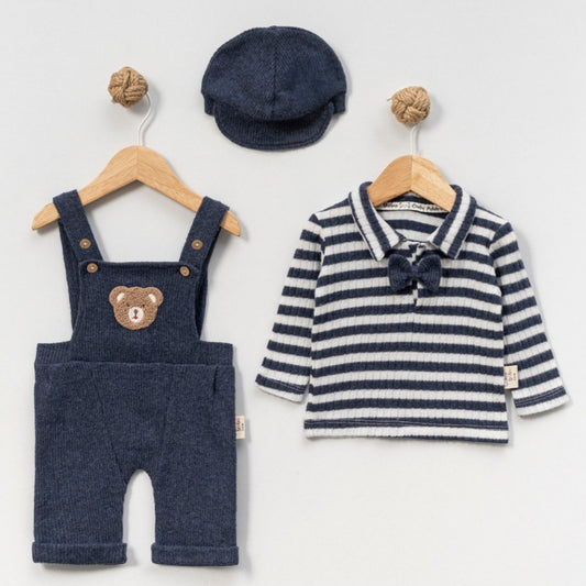 Navy Bear Baby Outfit – 3-Piece Set with Overalls, Striped Shirt & Matching Cap