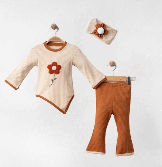 Beige & Brown Baby Girl Outfit – Ribbed 3-Piece Set with Red Flower Top, Pants & Headband