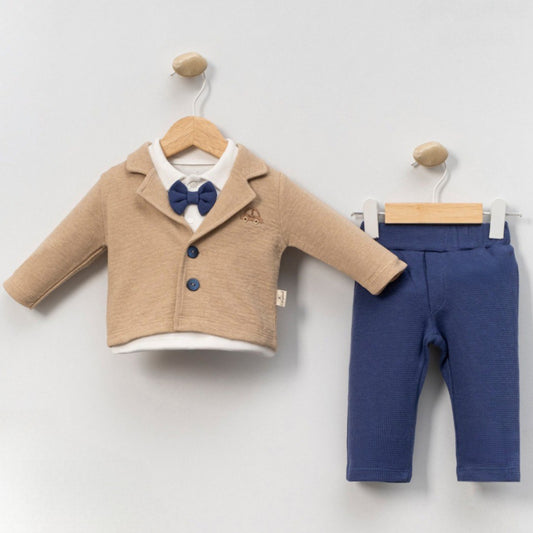 Beige & Navy Baby Boy Formal Outfit – Jacket with Bow Tie, Shirt & Pants Set