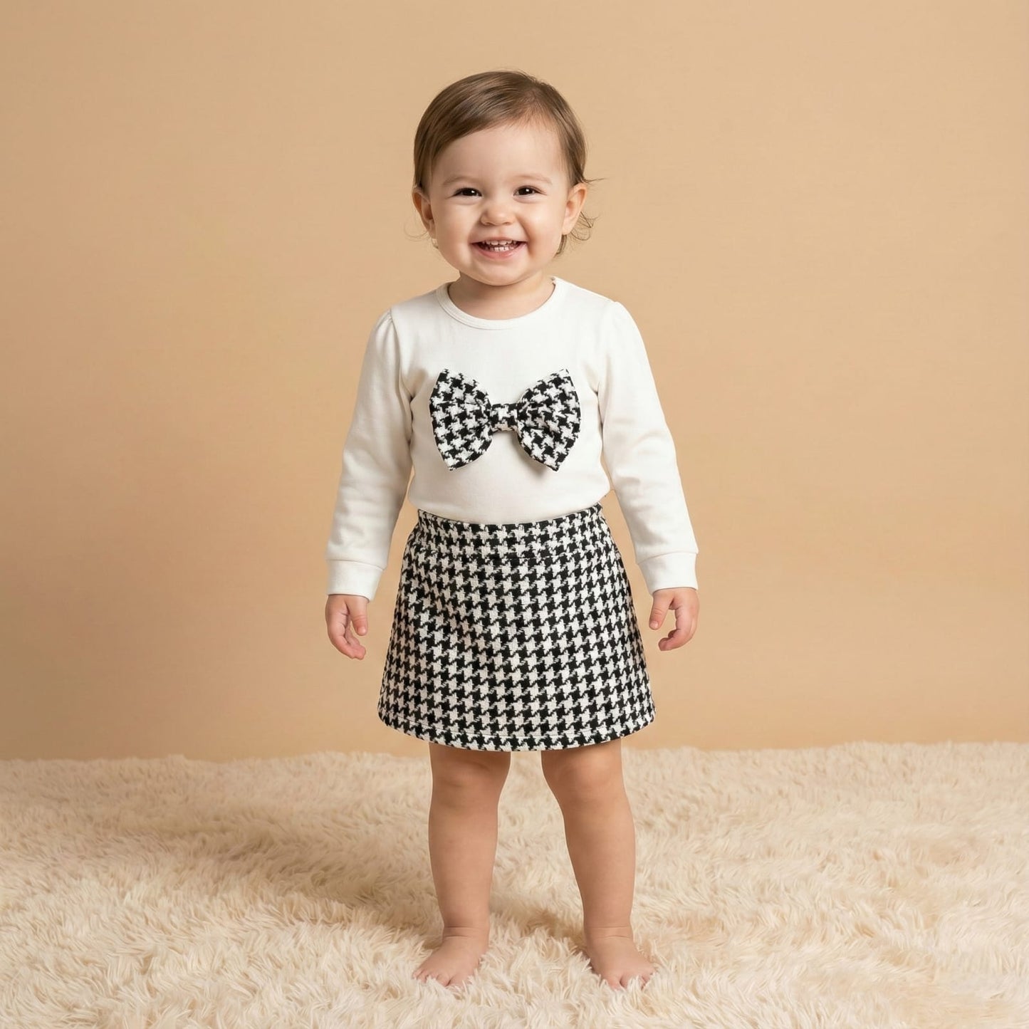 White & Houndstooth Baby Girl Outfit – Bow Detail Top & Matching Skirt Set