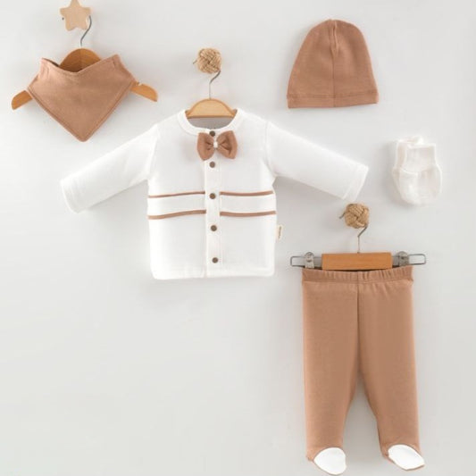 White & Brown Baby Outfit Set – 5-Piece Ensemble with Bow Tie, Striped Top & Accessories