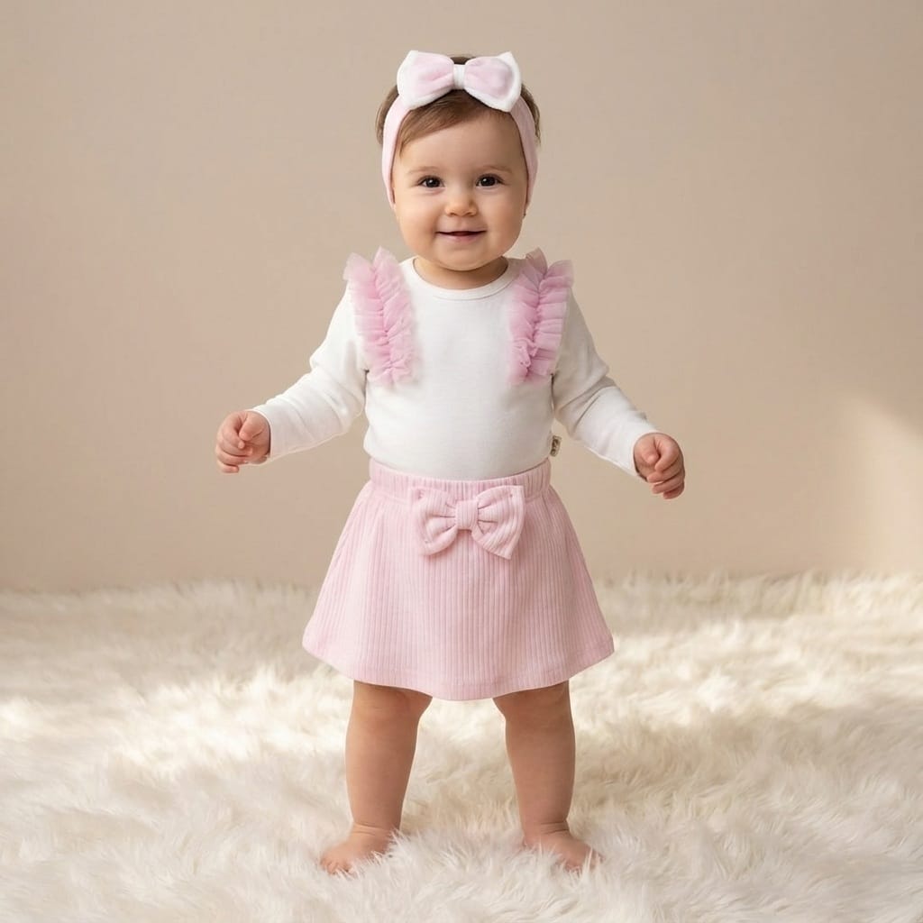 Pink & White Baby Girl Outfit – Ruffle Onesie, Bow Skirt & Matching Headband Set