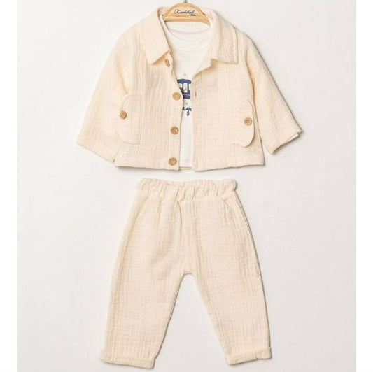 Cream Textured Toddler Outfit – 3-Piece Set with Jacket, Pants & Graphic Tee