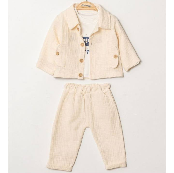 Cream Textured Toddler Outfit – 3-Piece Set with Jacket, Pants & Graphic Tee