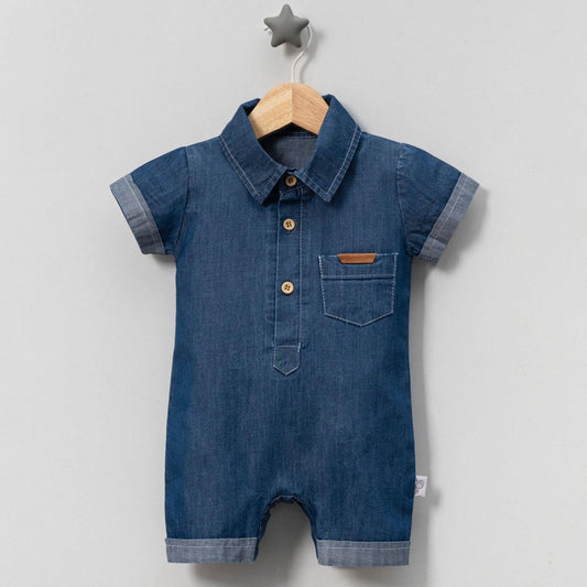 Denim Button-Up Romper with Cuffs