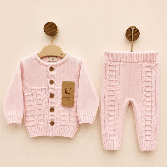 The Aurora 2-Piece Cable-Knit Cardigan Set – Soft Pink