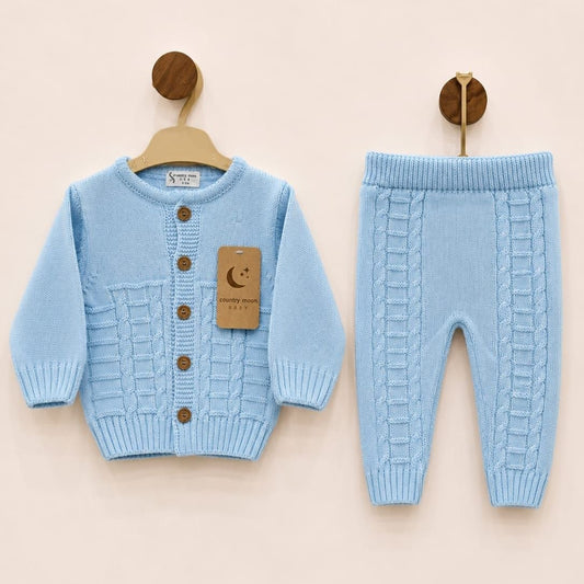 The William 2-Piece Cable-Knit Cardigan Set – Light Blue