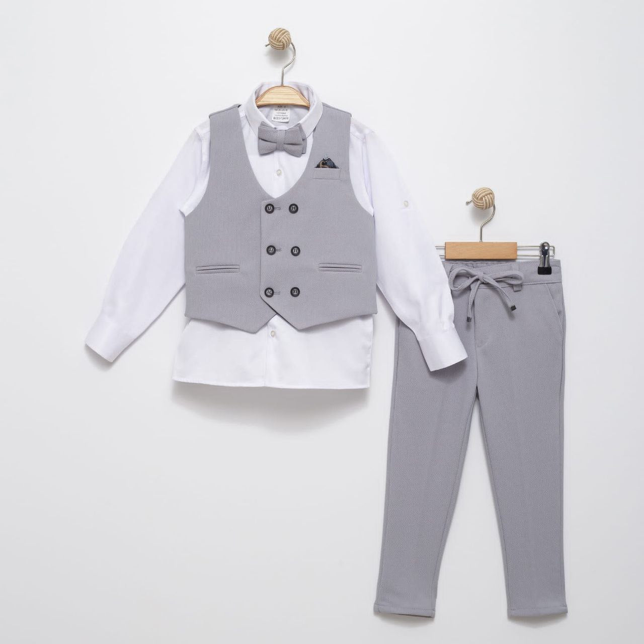 Gray Boys Formal Suit – 4-Piece Set with Gilet, Shirt, Pants & Bow Tie