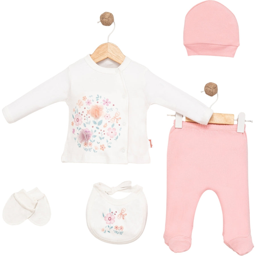 Pastel Floral Newborn Baby Girl Set – 5-Piece Outfit with Bib, Mittens & Beanie