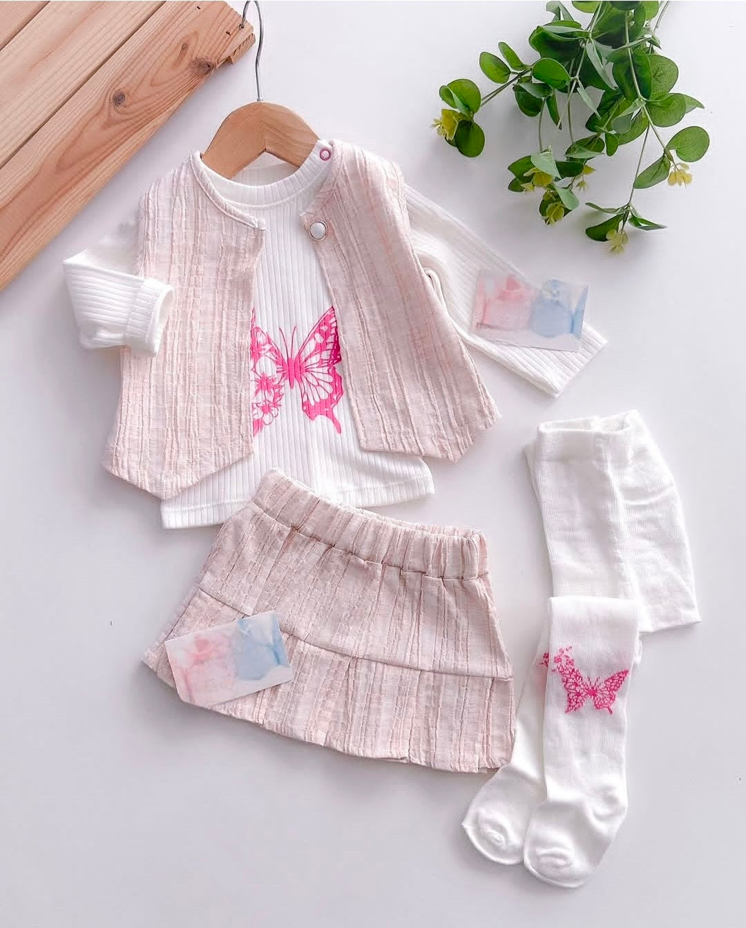 Butterfly Baby Girl Outfit – Ribbed Top, Pink Vest, Tiered Skirt & Printed Tights Set