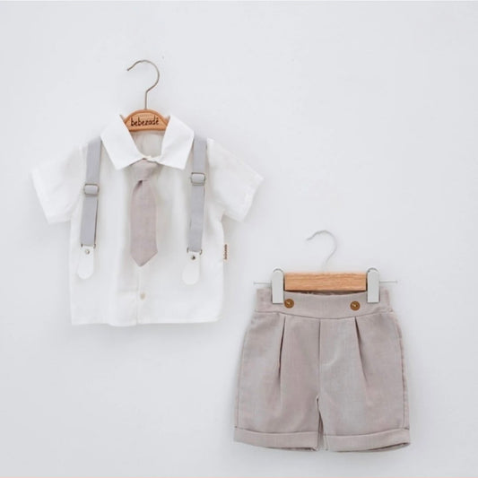 “Silver Sprout” Baby Formal Set – Shirt, Suspenders & Shorts