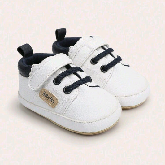 White Leather Baby Boy Shoes – Soft Lined Infant Sneakers with Laces & Velcro Strap