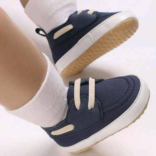 Navy Blue Baby Moccasins – Soft Fabric Shoes with Beige Laces & White Soles