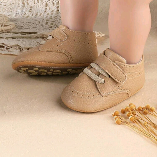 Light Brown Baby Shoes – Textured Faux Leather with Elastic Laces & Velcro Strap