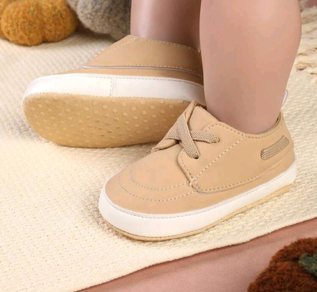 Beige Toddler Shoes – Textured Sole Infant Sneakers with Laces for Comfort & Support