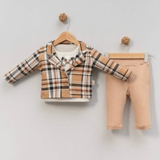 Plaid Baby Boy Outfit – Beige Checkered Jacket, Bow Tie & Pants Set with White Shirt