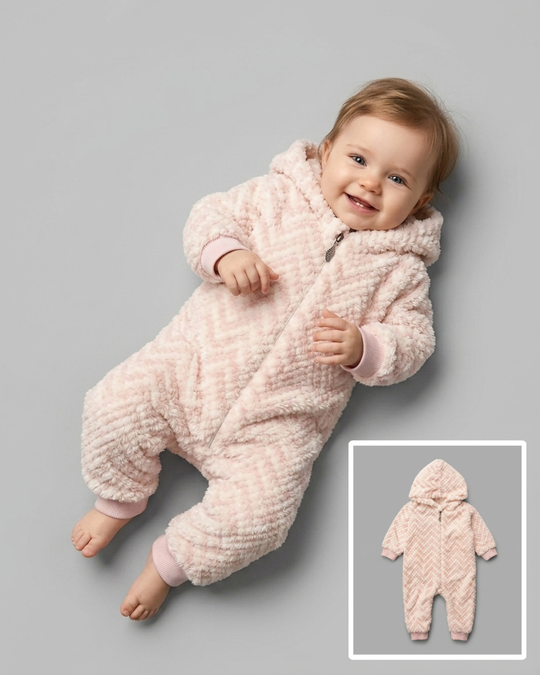 The Penelope Plush Chevron Hooded Zip Jumpsuit – Pink & Cream