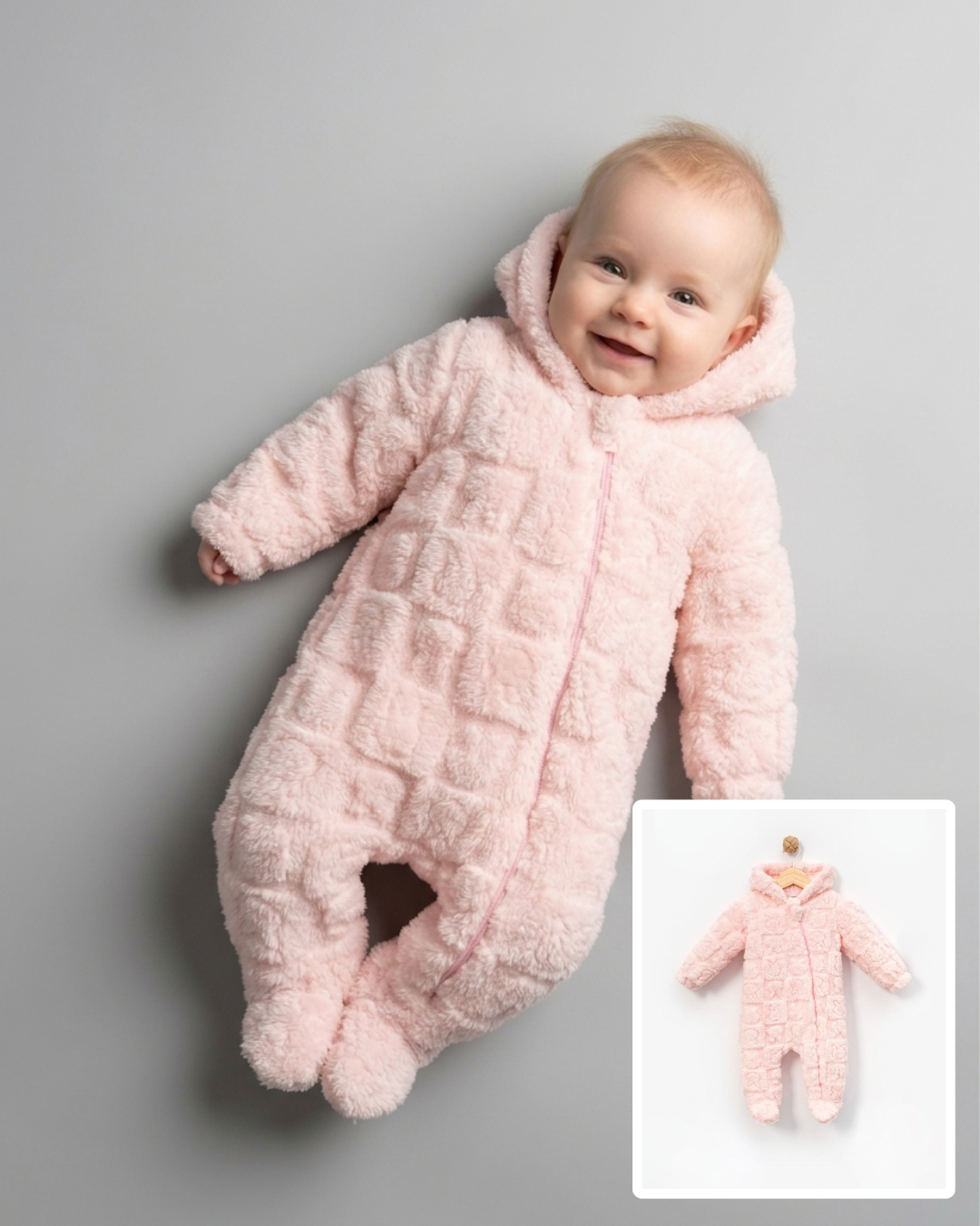 The Colette Plush Textured Hooded Footed Romper – Soft Pink