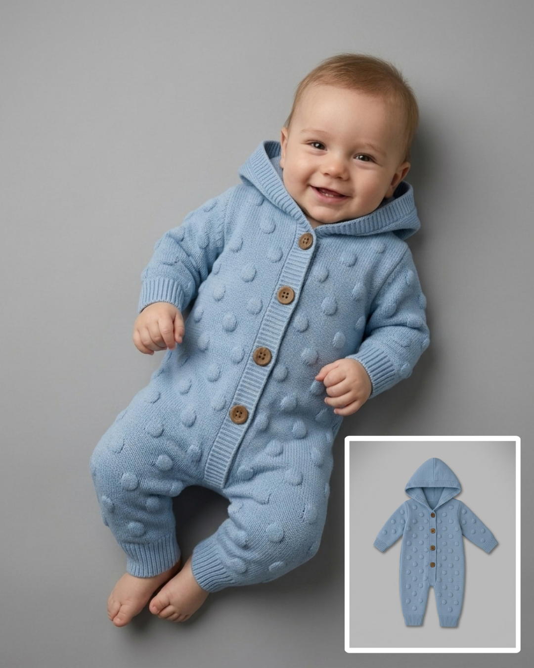 The Kieran Raised Polka Dot Hooded Knit Romper – Light Blue