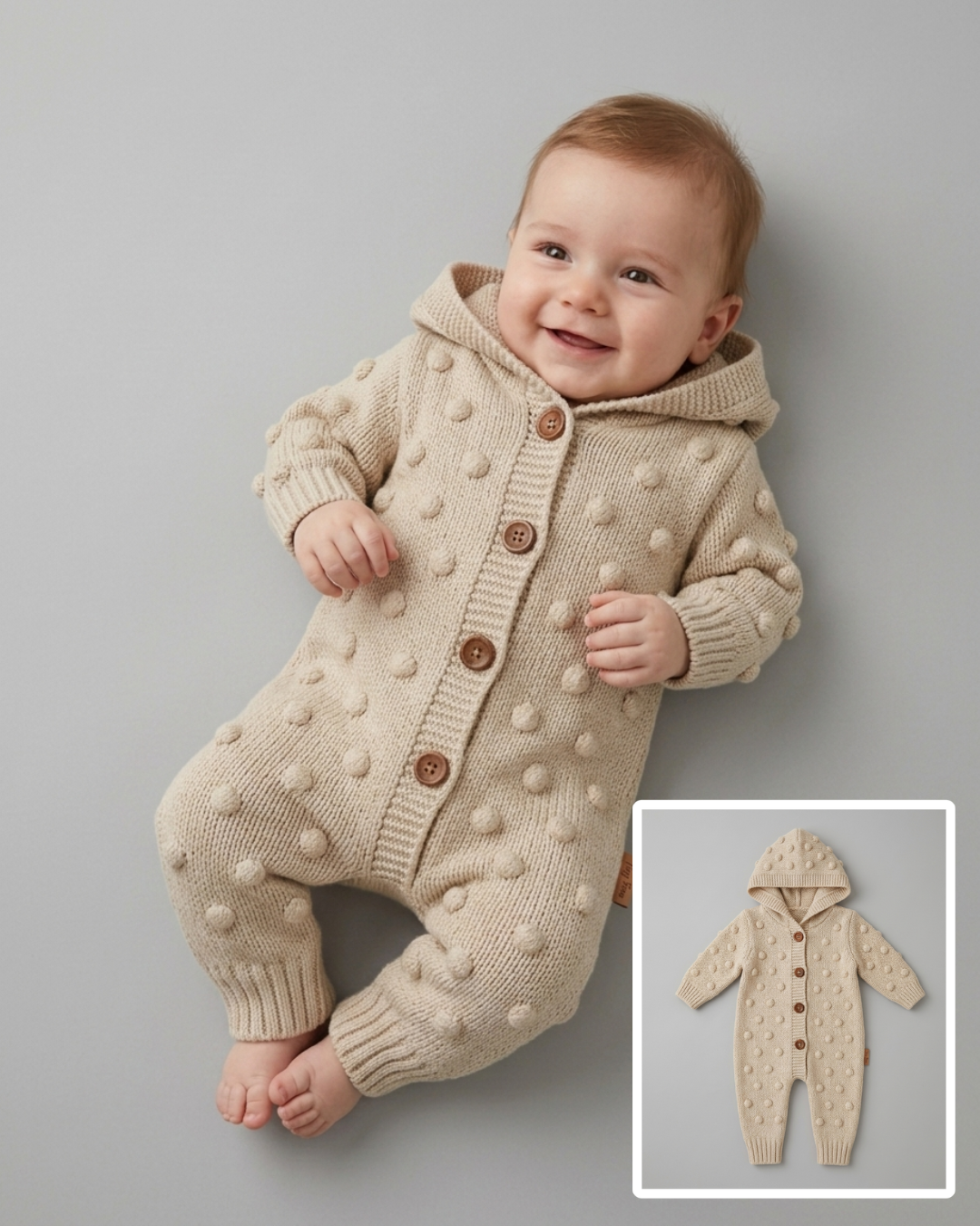 The Callan Raised Polka Dot Hooded Knit Romper – Cream Beige