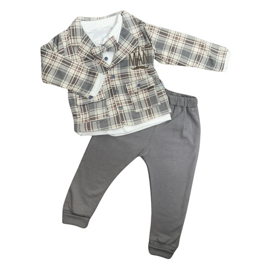 Gray Plaid Baby Boy Outfit – Printed Jacket, Bow Tie & Cuffed Pants Set for Special Occasions