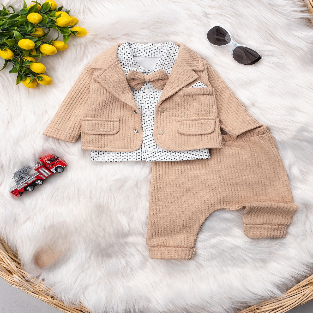 Beige Jacket & Patterned Shirt Set