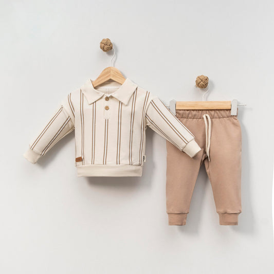 Cream & Brown Baby Boy Outfit – Striped Shirt with Buttons & Light Brown Drawstring Pants