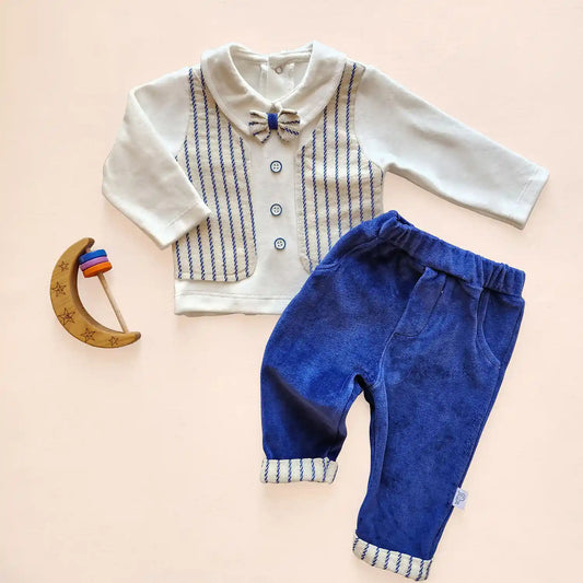 Baby Boy Formal Set – Striped Shirt with Bow Tie & Navy Pants
