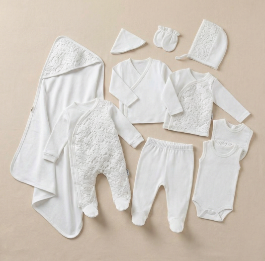 White Lace Elegance – 10 Pieces Newborn Layette Set