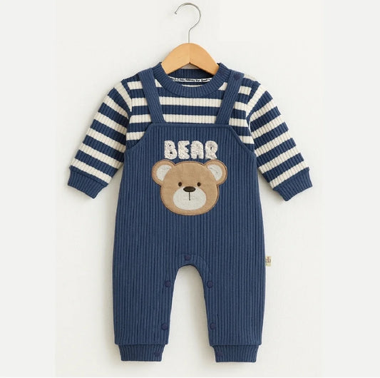 “Bear” Baby Boy One-Piece – Navy Ribbed Overall with Striped Sleeves & Embroidered Detail